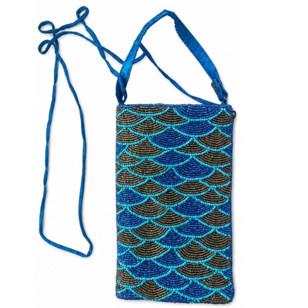 Bamboo Trading Company Beaded Crossbody Phone Bag Blue Turquoise Gold NWOT